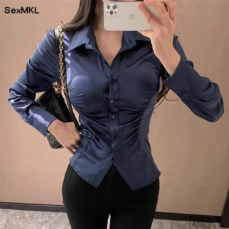 Elegant Office Silk White Shirts Women Long Sleeve OL Blusas Mujer Korean Y2k Clothes Slim Button Up Casual Blouses Vintage Tops