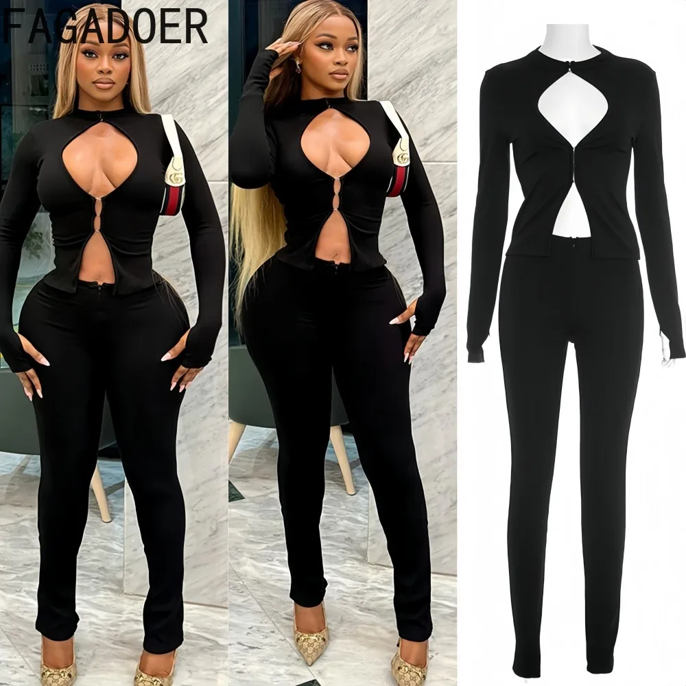 

FAGADOER Sexy Hollow-out Two Piece Outfits Woman Solid Color Long Sleeve Crop Top and Pants Matching Female Streetwear Clothing