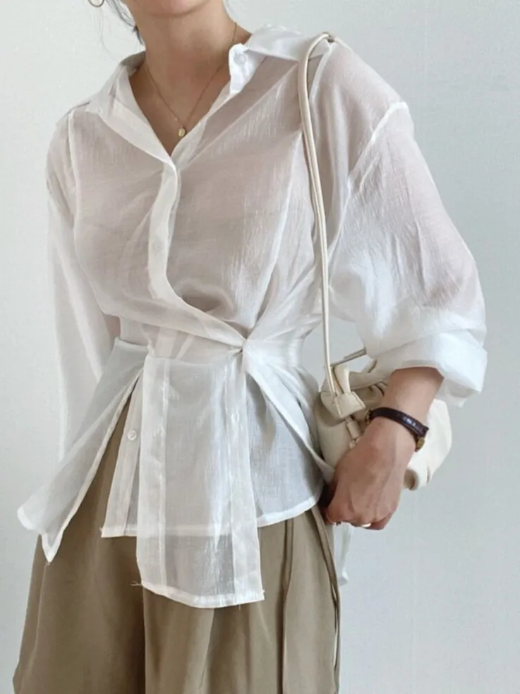 

Chic Asymmetric Design Long Sleeve Shirt Women's Thin Style Turn-down Collar Button-up Top French Style Waist-cinching Belt
