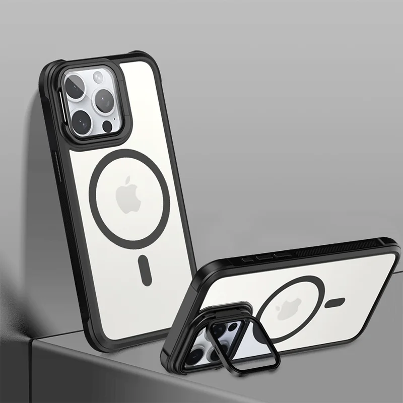 

Magsafe Matte Soft TPU Border+Transparent PC Back Cover Holder Shockproof Phone Case For IPhone 15 Pro Max 13 12 11 14 Pro Max