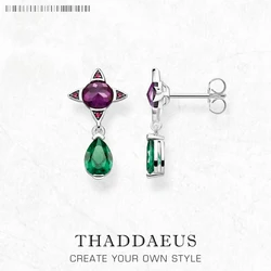 Ear Studs Green Drop With Purple Star Geometrical Jewerly For Women Summer New Bohemia Positive Gift In 925 Sterling Silver