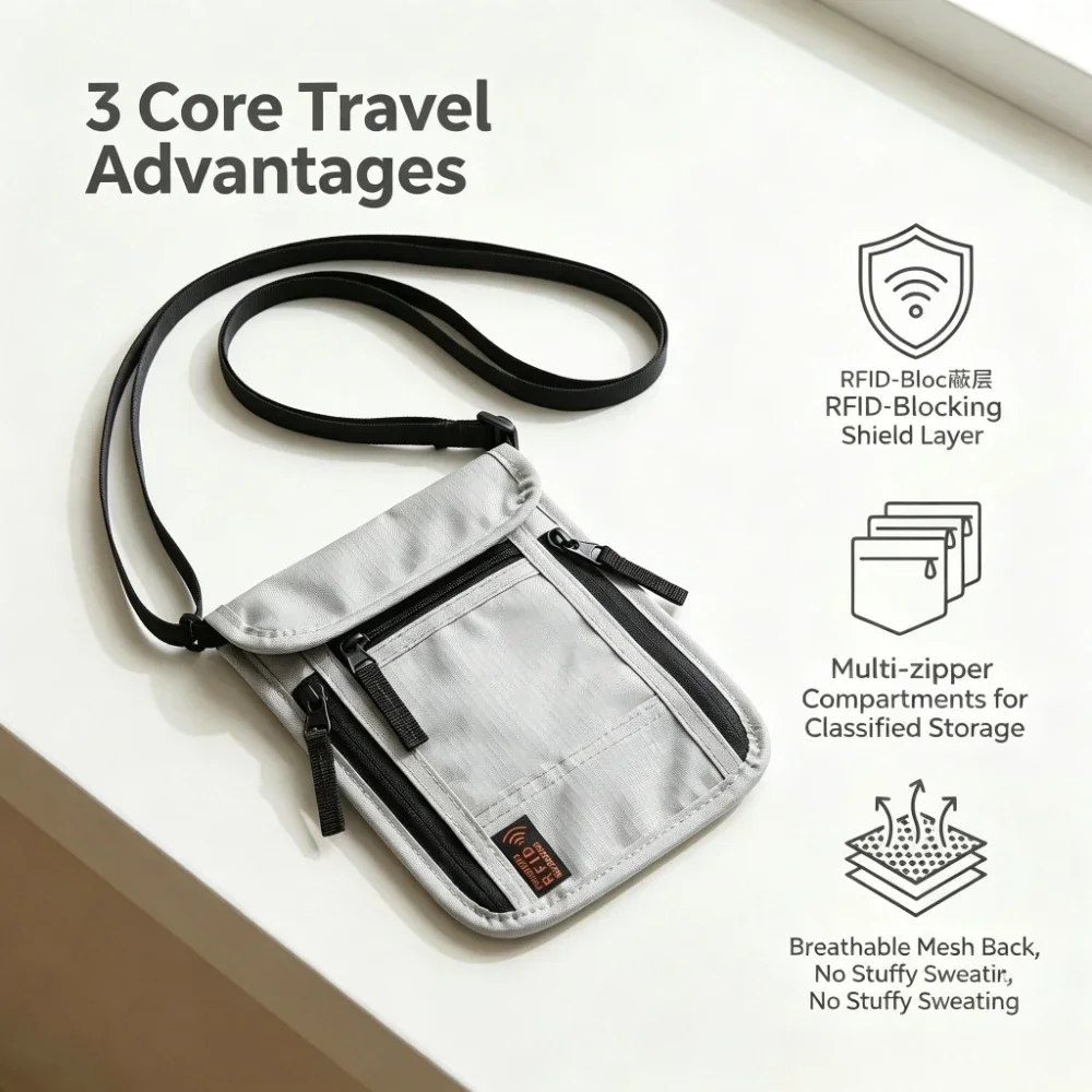 RFID Blocking Travel Neck Pouch, Anti-Theft Hidden Passport Holder, Waterproof Neck Wallet for Travel Documents Cards Cash