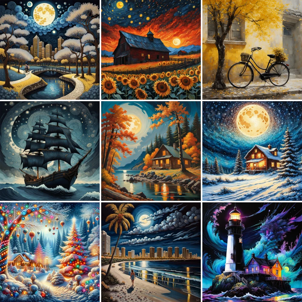 Landscape Moon Night Pre-Printed Cross-Stitch DIY Embroidery Kit Handmade Hobby Needlework Handicraft Different Mulina Stamped