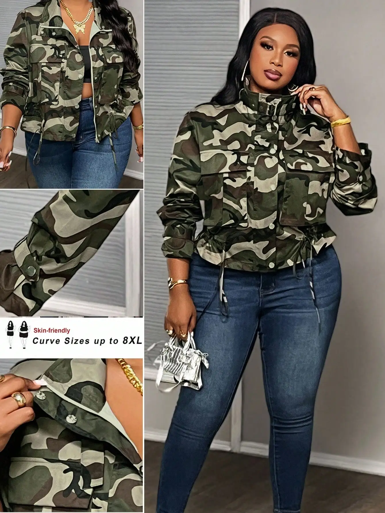

Plus Size Camo Jacket for Women with Drawstring Hem, Casual Military Style Outerwear for Fall