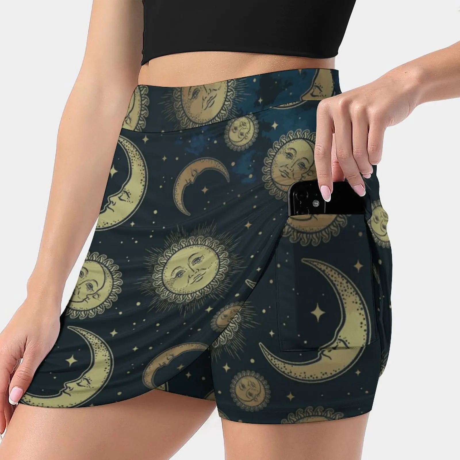 Retro Sun Moon And Stars Vintage Celestial Night Skirts Woman Fashion 2022 Pant Skirt Mini Skirts Office Short Skirt Gold Sun