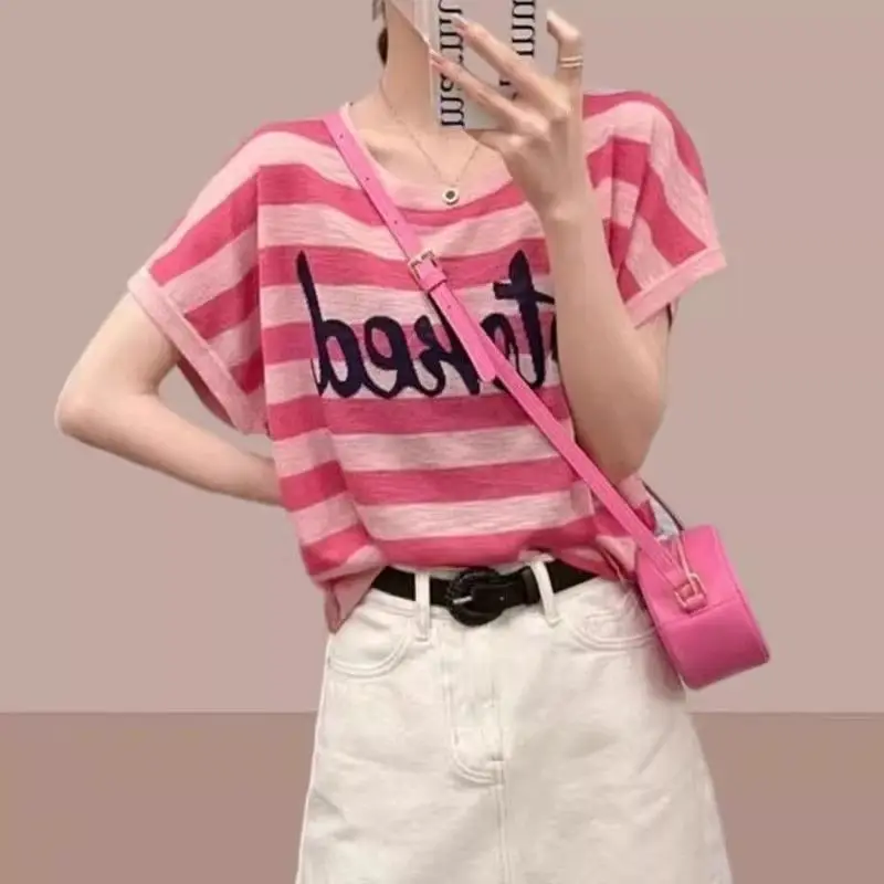 Summer Pullover Women's Clothing Crew Neck Contrast Color Letter Striped Short Sleeve T-shirt Comfortable Vintage Sweet Tops