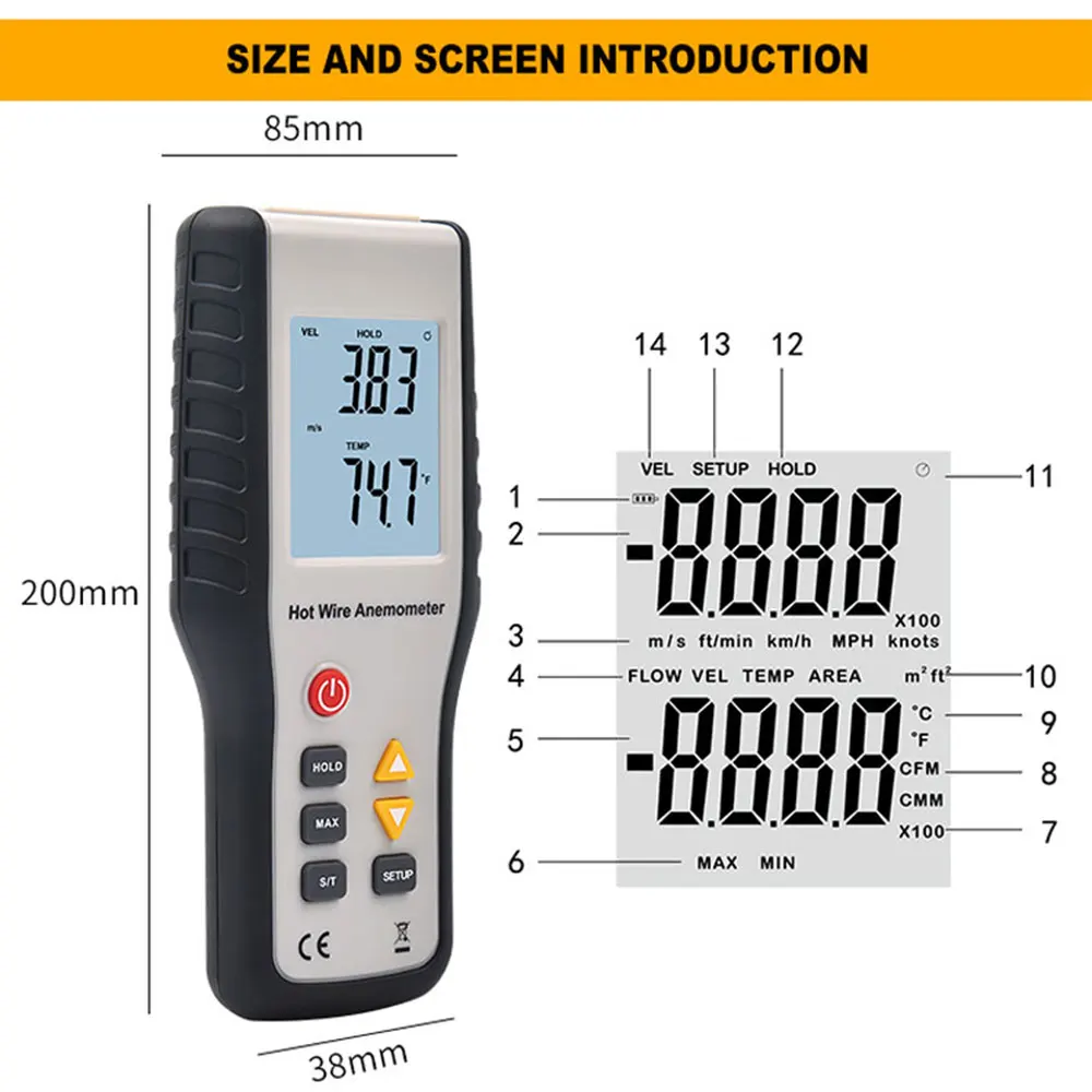 HT9829 Anemometro termico ad alta precisione 0,5-25 m/s 0-50 ℃   Strumento di misurazione precisa della temperatura del volume dell'aria e della velocità del vento