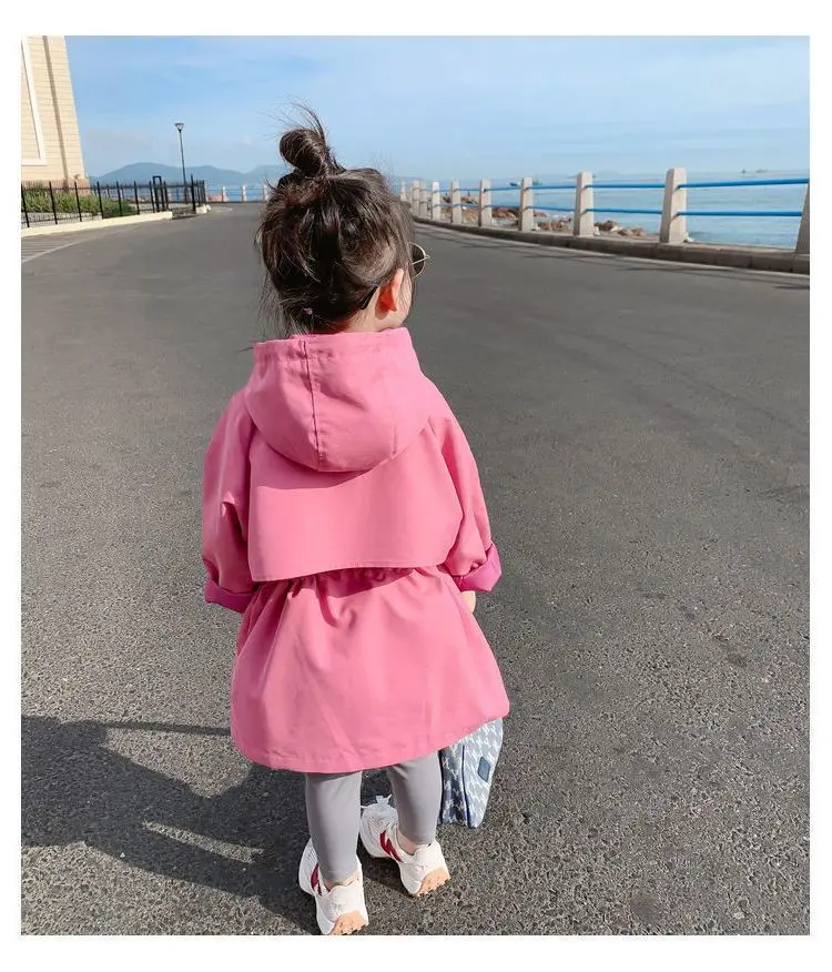 Spring Autumn Girls Coat Long Style Adjustable Waist Design Hooded Sweatshirt For Kdis Children Outdoor Windbreaker Outerwear