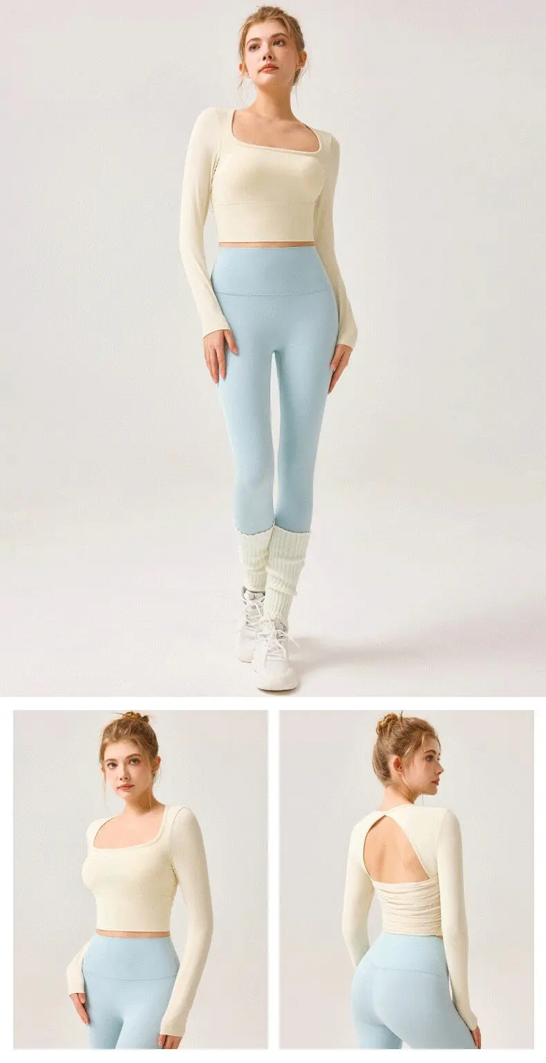 Schöne Yoga-Oberteile für Damen mit Brustpolstern, All-in-One-Lauf- und Trainingsbekleidung, Sportbekleidung mit langen Ärmeln, Fitnessbekleidung, Pilates – Detail 2