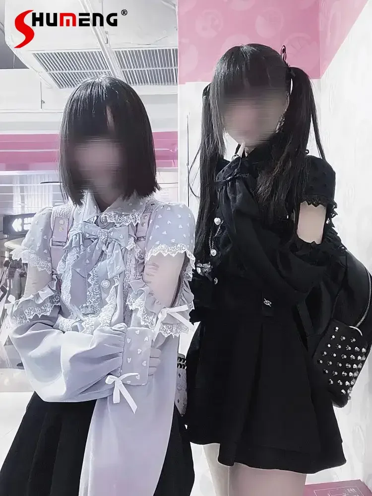 Japanese Mine Mass-Production Black and Pink Lolita Shirt Women Sweet Lace Bow Off-Shoulder Tops High Waist Shorts Skirt Set