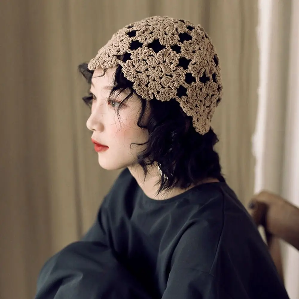 Fashion Ethnic Style Crochet Bucket Hat Panama Cap Handmade Hollow Flower Knitted Hat Basin Hat Korean Beanies Autumn 3