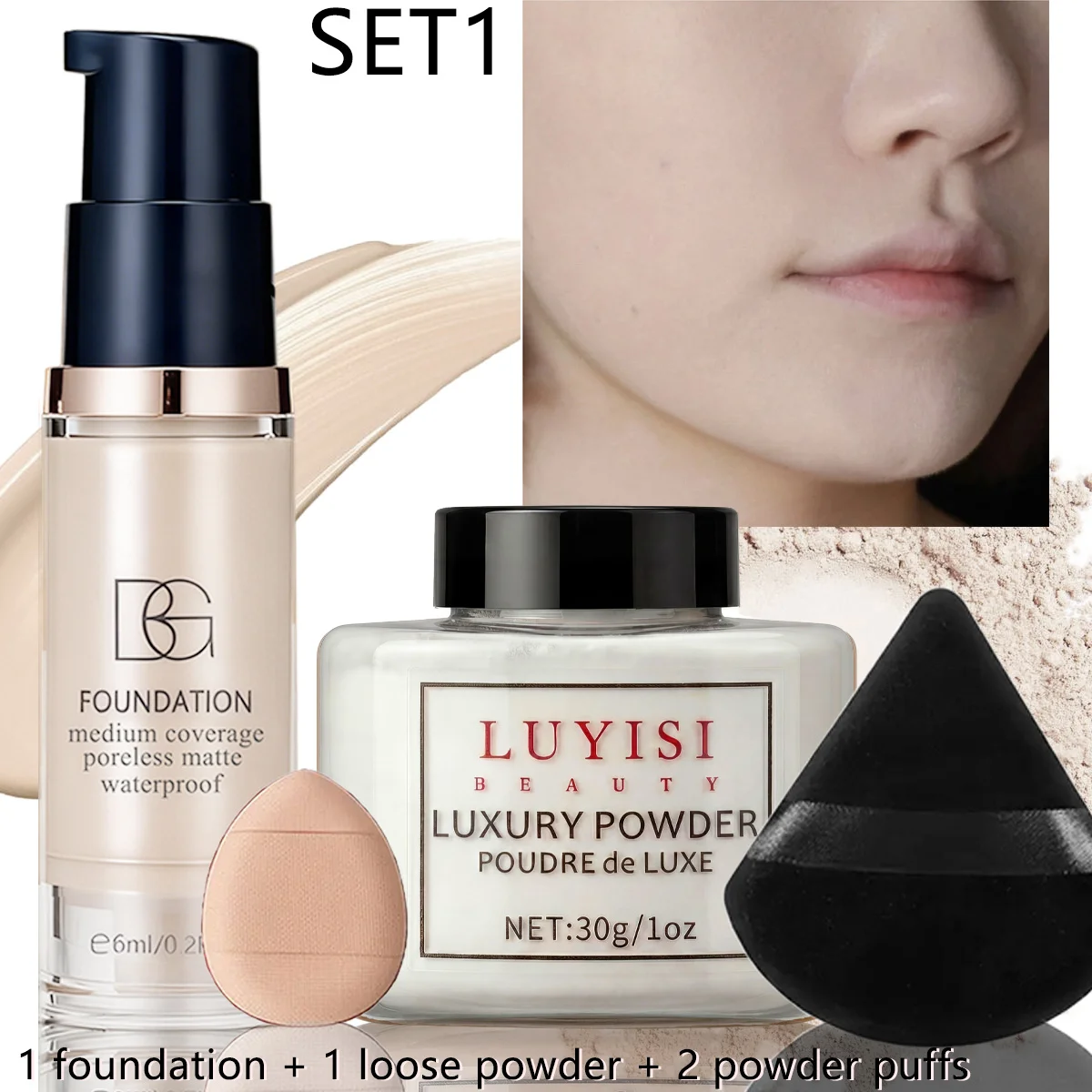 4pcs Facail Base Cosmetics Set:1pc Foundation+1pc Loose Powder+2pcs Makeup Puff,Full Coverage,Waterproof,Lightweight.