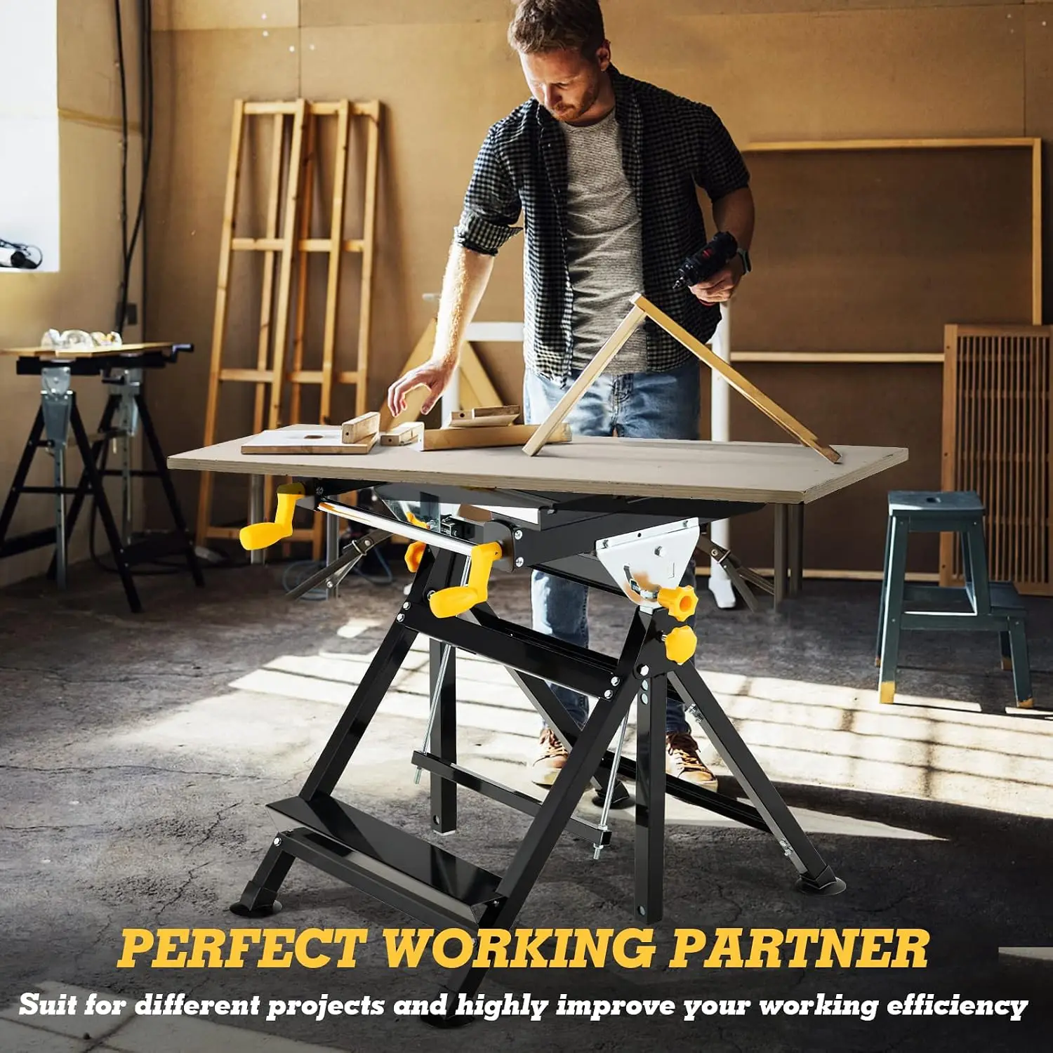 Folding WorkBeach, Portable Work Table with Tiltable & Extendable Tabletop, 8 Sliding Non-marring Clamps & 2 Clamping Handles