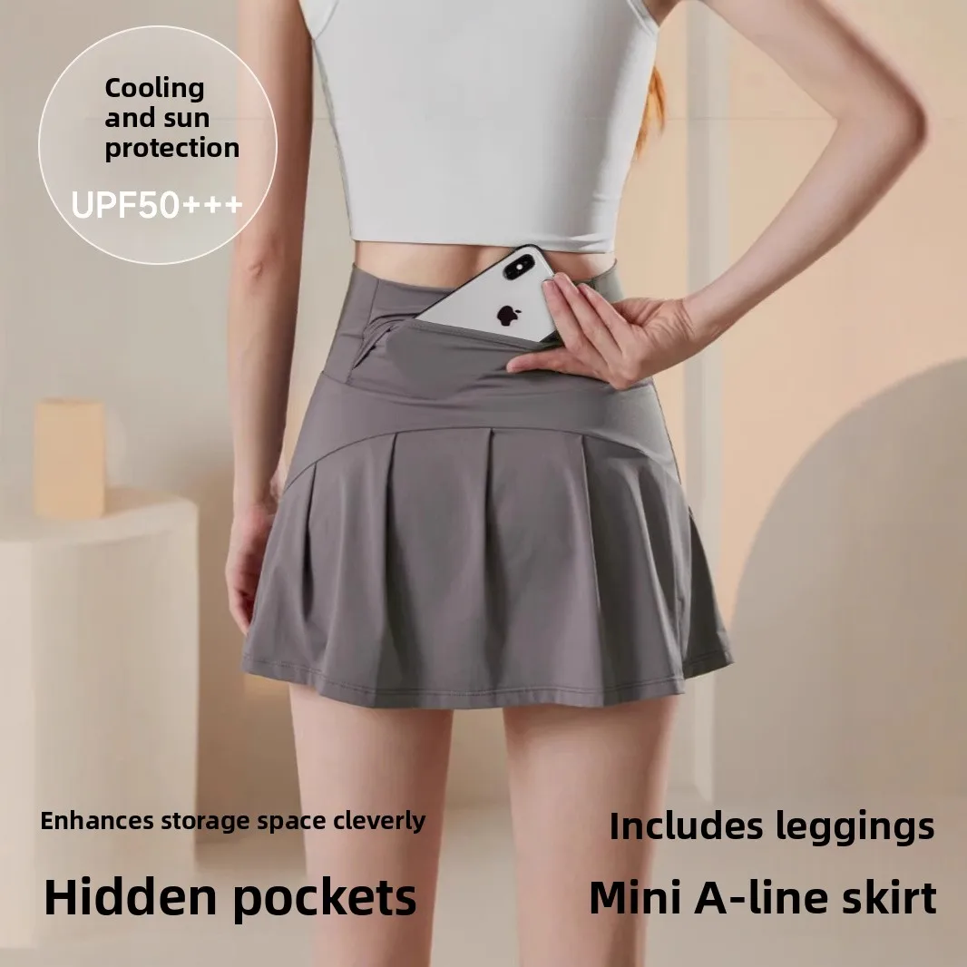 

Qui Dry A-Line Yoga Skirt Women's Tennis Fitn ort Skirt Anti-Light Walking Double Layer Sports Yoga Skirt