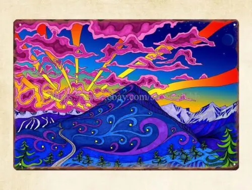 wall art trippy psychedelic sunrise mountain metal tin sign