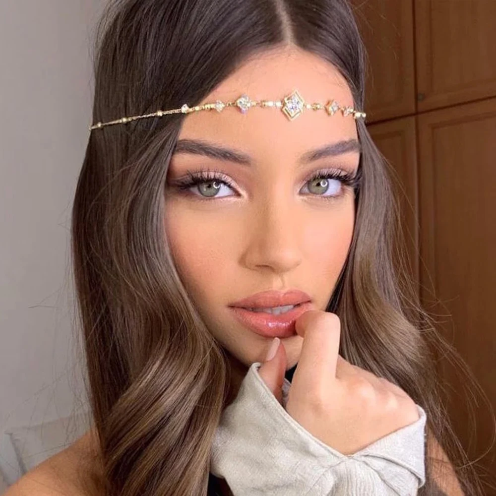 Elegant Boho Square Forehead Chain Headband Hair Decoration Fashion Gift Indian Rhinestone Head Chain Princess Jewelry Gift