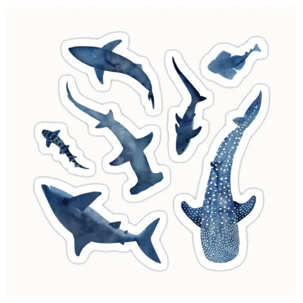 Monochrome Blue Watercolour Shark Ocean On Black Waterproof Stickers For Decorating Car Windows Motorcycles And Computers.