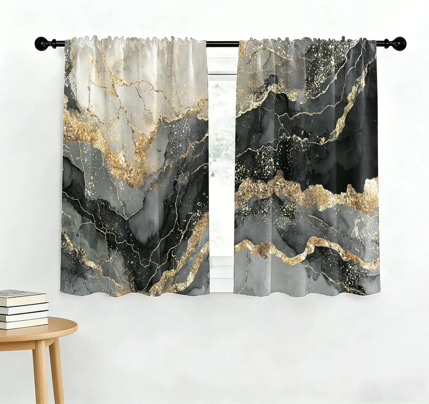 Luxury Black Gold Marble Abstract Curtains Pair Modern Chic Window Drapes Style for Bedroom Living Room Home Decor 2pcs
