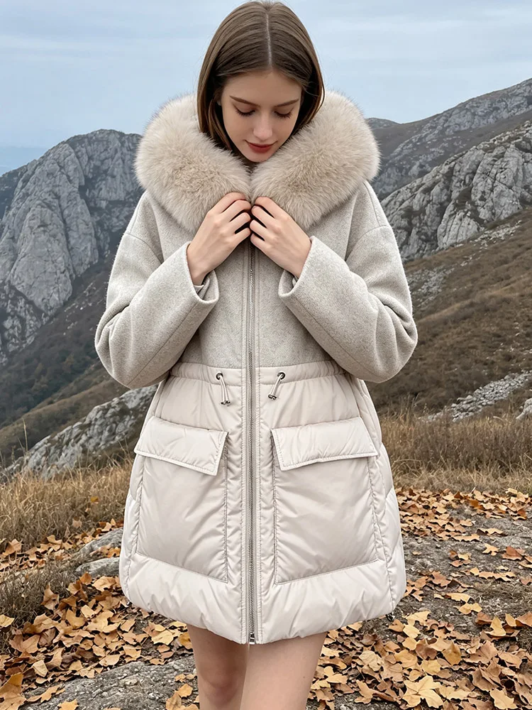 Luxury Big Real Fox Fur Collar Women Down Coat Wool Blend Hooded White Duck Down Jacket Mid-Length Winter Warm Loose Parka