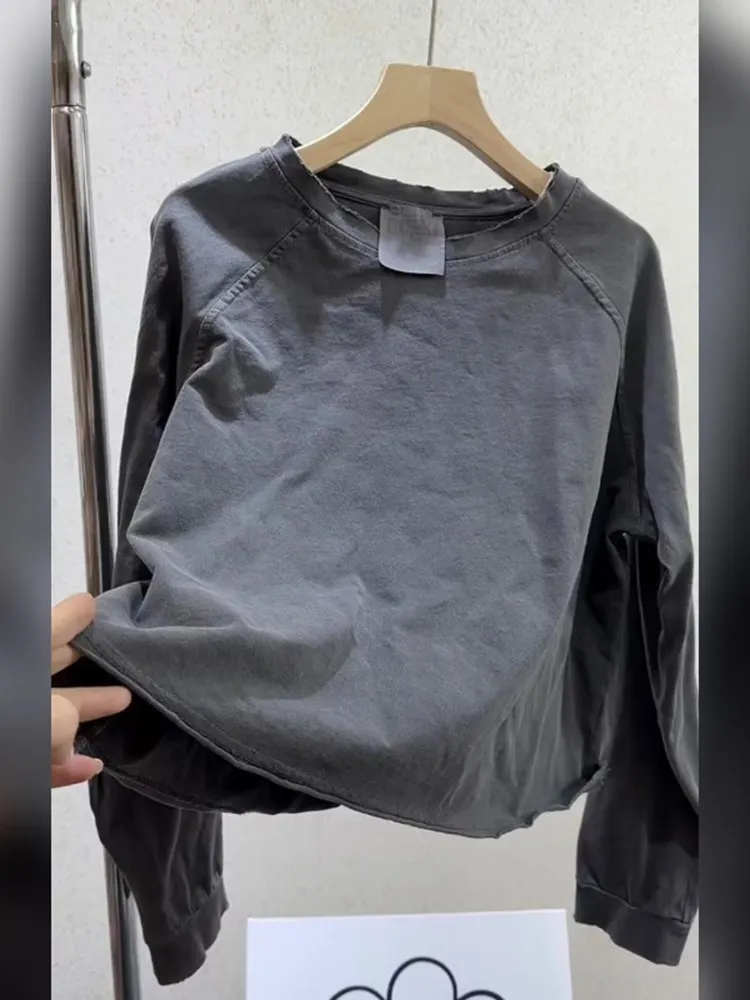 Chic Grey T-Shirt Korean Style Atmosphere Sensation Early Autumn Fashionable Unique Beautiful Lazy Top Women's Loose Fit Long...