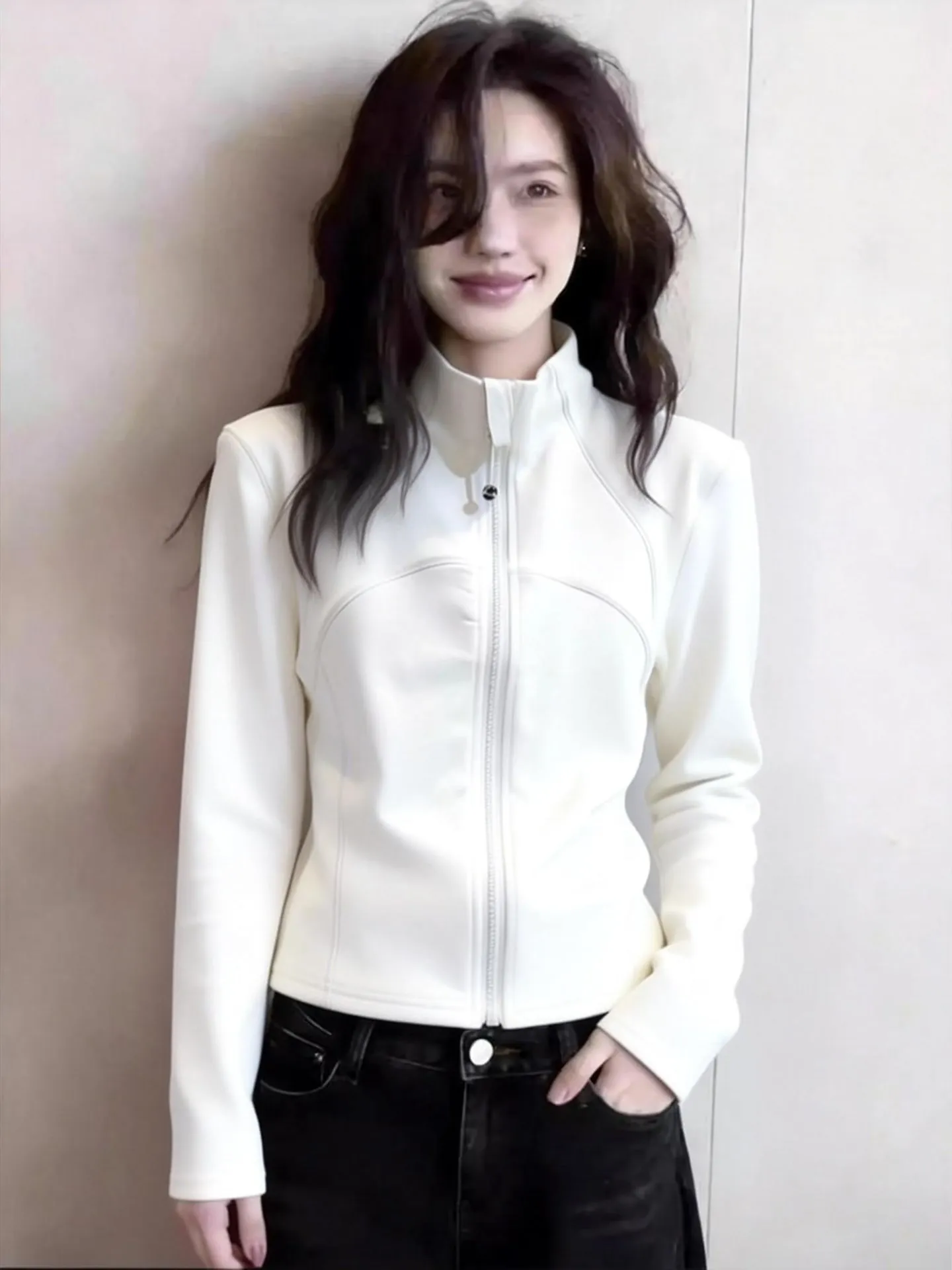 

Slimming Effect White High Collar Zipper Long Sve Women's Jaet Faionable Simple Sle Spring New Arrival Outerwear