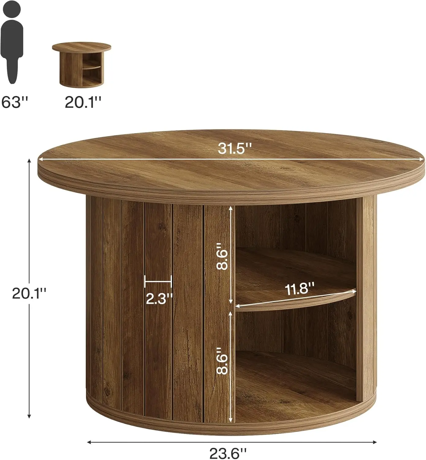 Mesa de centro con almacenamiento, mesa central circular pequeña de 31,5" para salón, marrón rústico