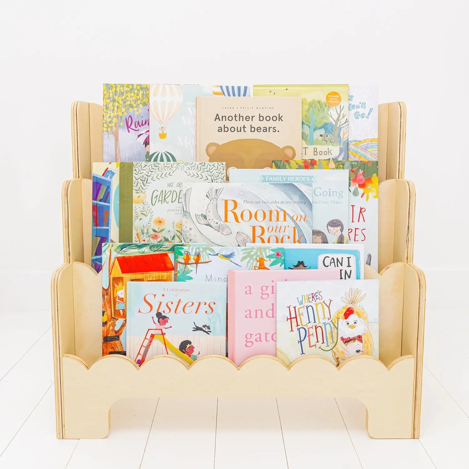 Libreria per bambini in legno con bordi smerlati altezza perfetta libreria Montessori a 3 livelli per bambini per camera dei bambini o sala giochi