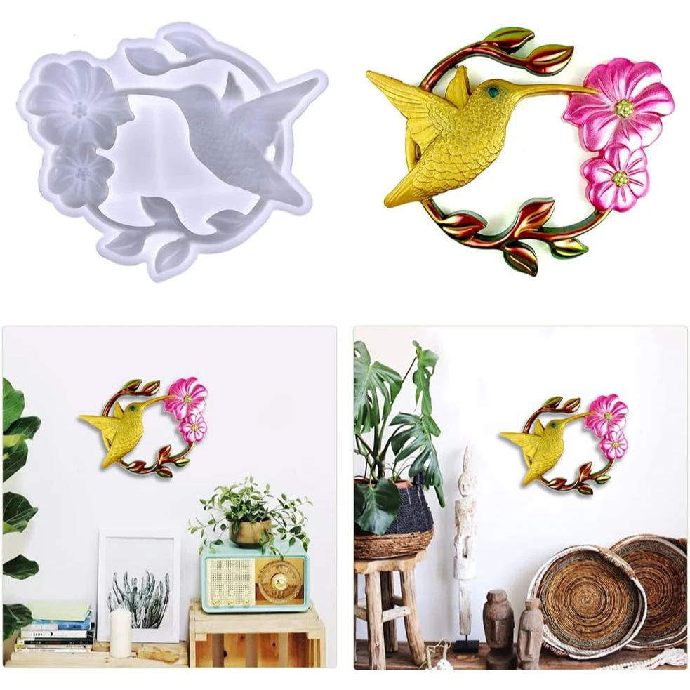 Semi-Three-Dimensional Hummingbird Resin Mold,Round Flower Hummingbird Pendant Decor,Floral Hummingbird Keychain Silicone Mold