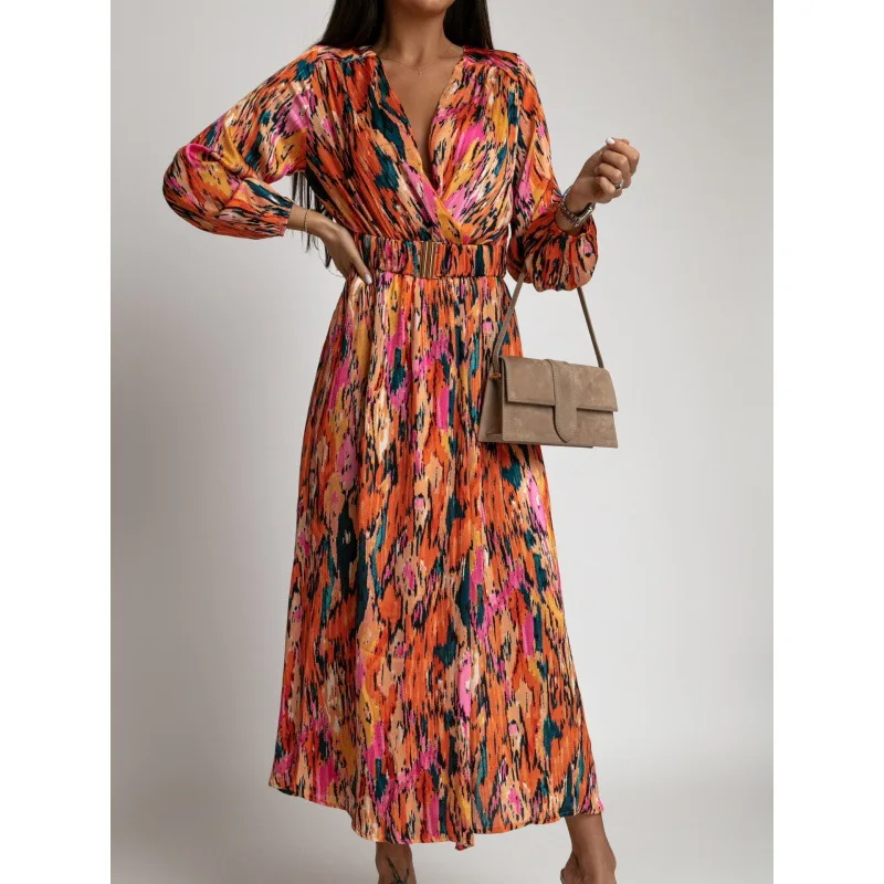 Autumn Women Floral Print Long Dress Elegant Sexy Deep V-Neck High Split Belted Dress Female Vintage Boho Long Sleeve Party Robe