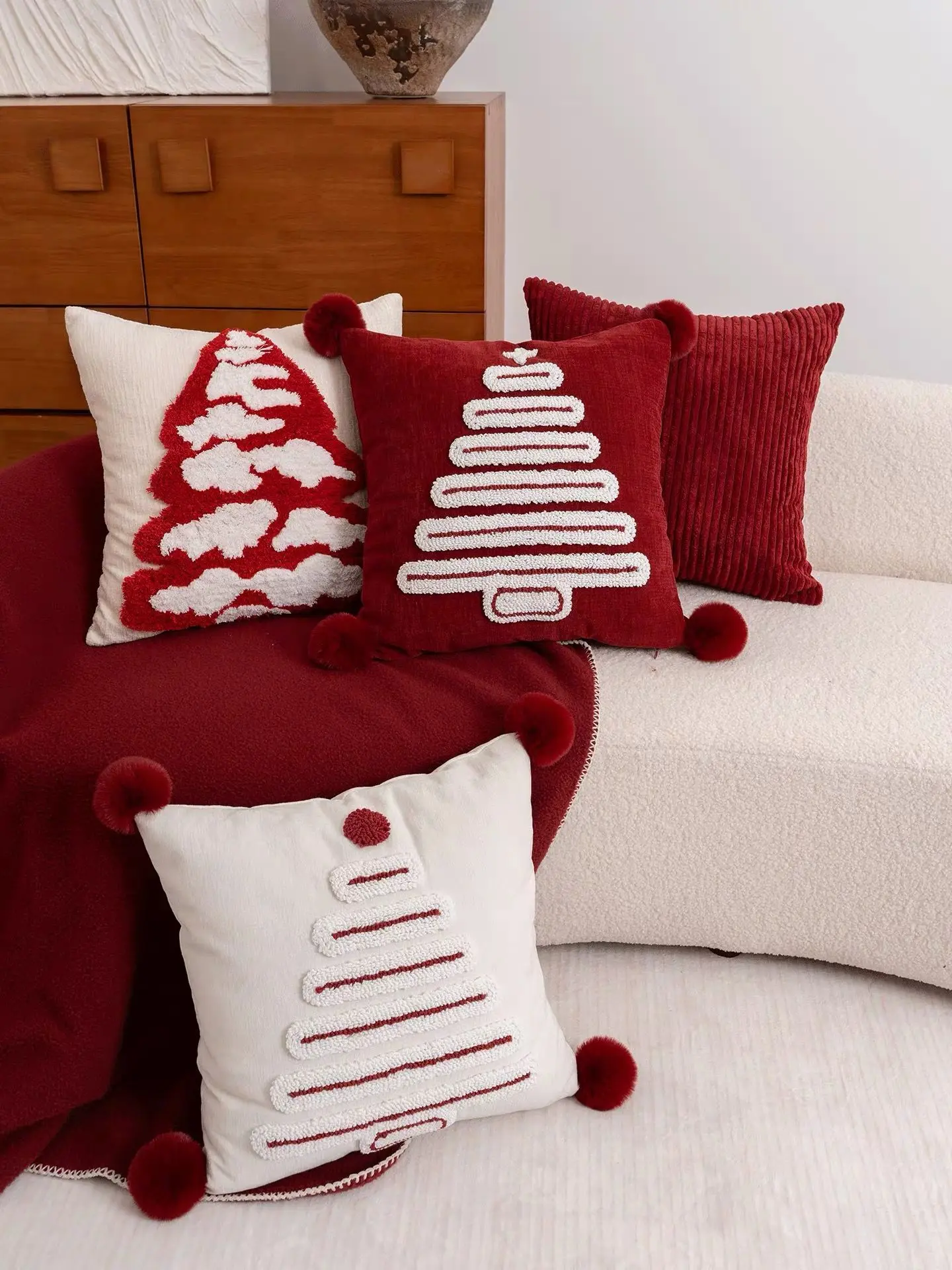 New Year Festive Christmas Tree Embroidered Red Throw Pillow with Pom Poms for Living Room Sofa Light Luxury Cushion