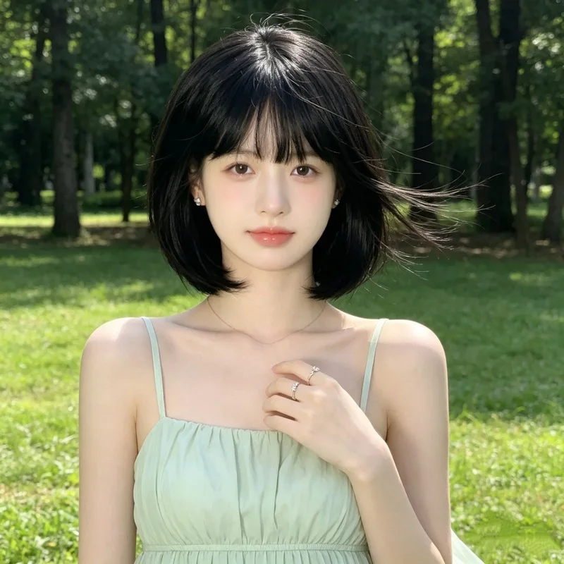 Short straight bob wig with bangs and inward curls for everyday use by young girls