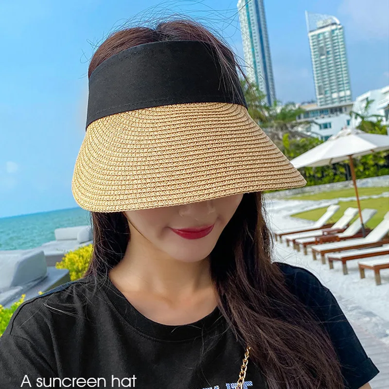 Summer Hat Empty Top Sun Visor Ladies Hats For Women Outdoor Sunhat Beach Hat Female Wide Brim Adjust Sunshade Folding Cap