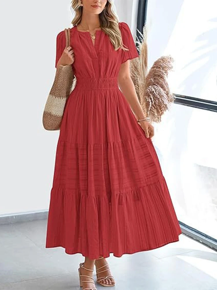 2025 Spring and Summer Cross border European and American Fashion Women's V-neck Folded Bubble Sleeve Layered Big Swing Dress - Image 2