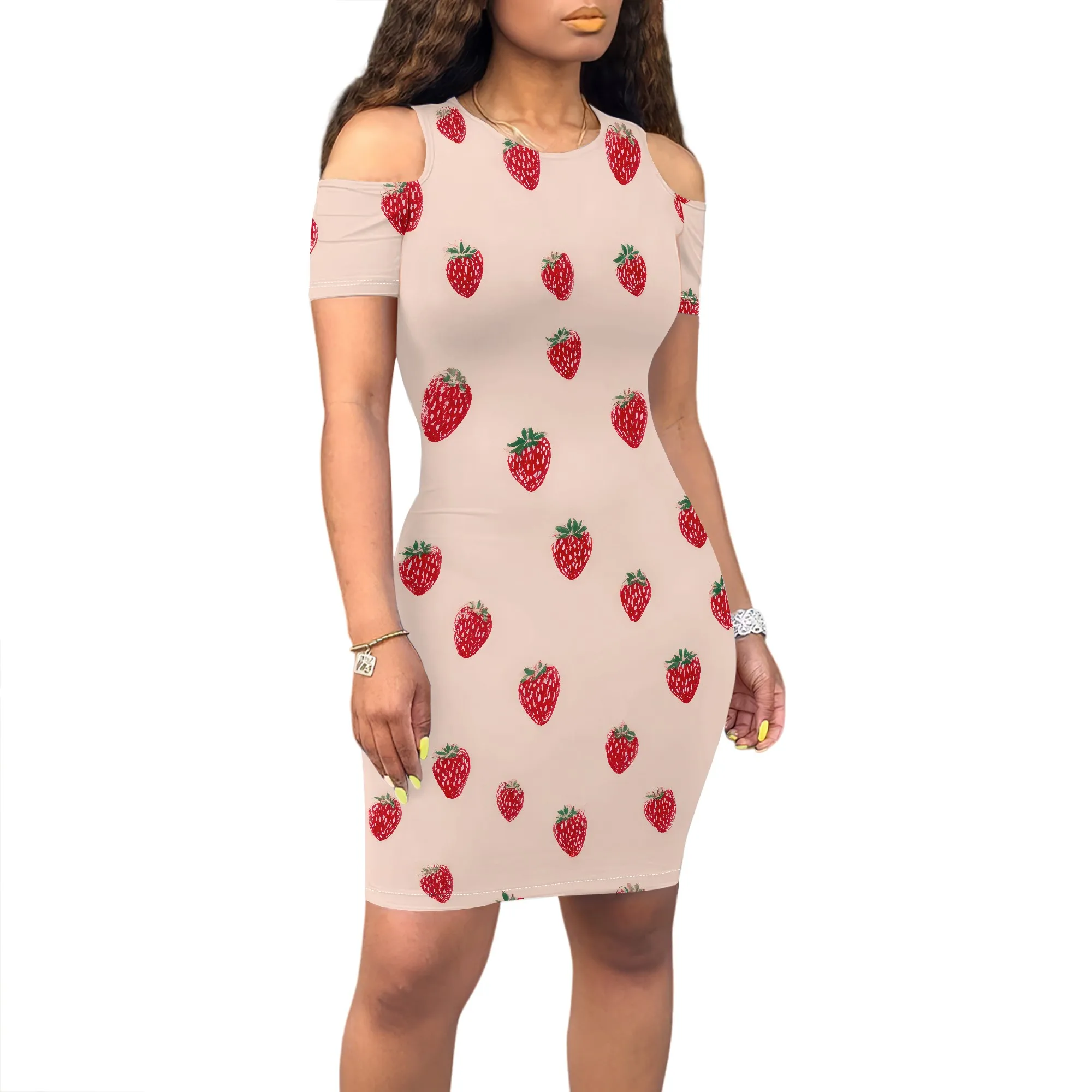 Zomer off-shoulder jurken voor dames Zomer ronde hals korte mouw casual knielengte T-shirt uitgaan jurken