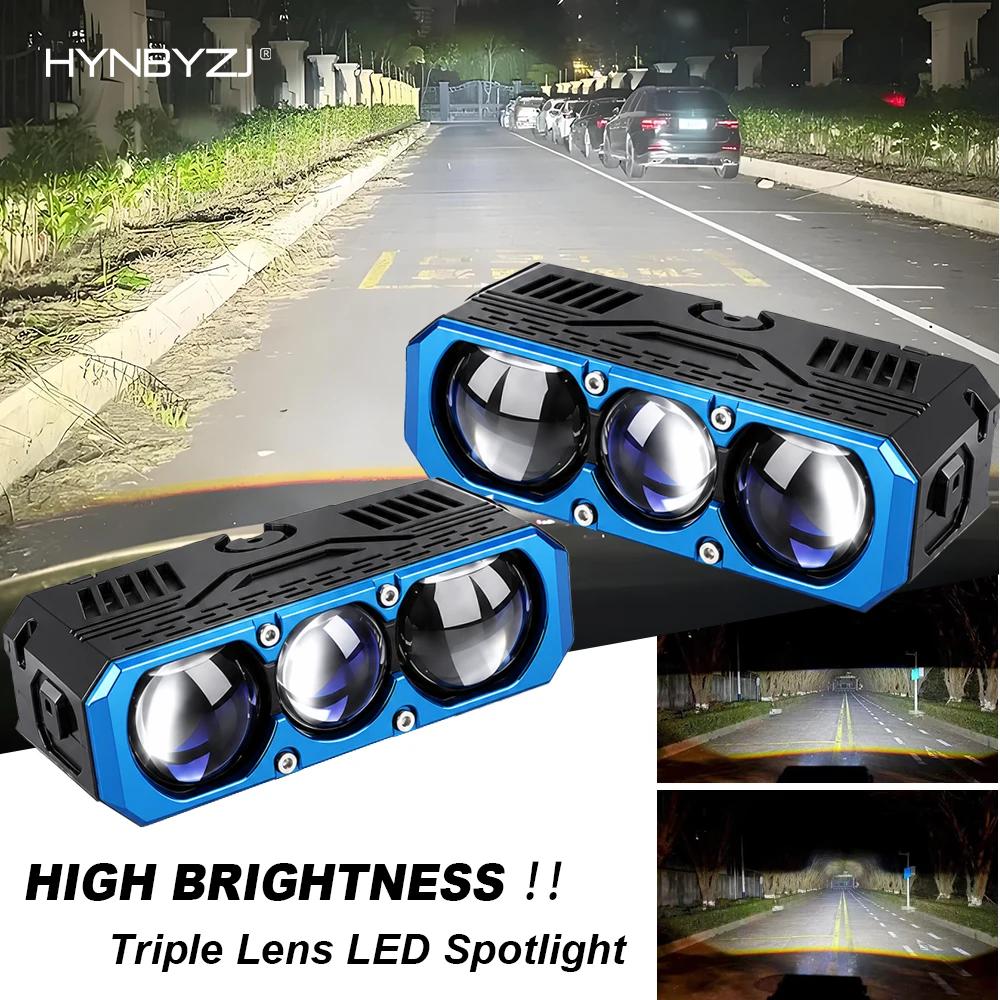 2pcs Triple Lens LED Spotlight 300W Solenoid Beam Switching LED Headlight Universal Car Motorcycle Grille Light Car Accessories