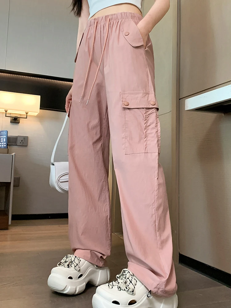 Pink Y2k Streetwear Cargos Pants Woman Summer Loose Sweatpant High Waist Casual Wide Leg Baggy Trousers Grils