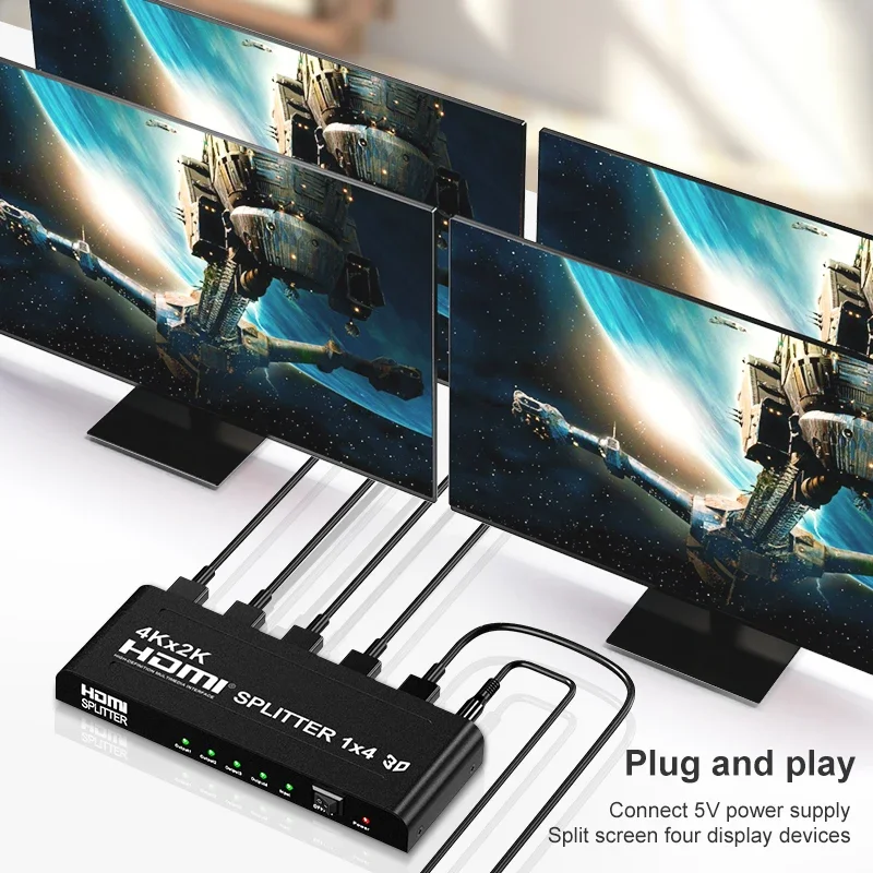 4K HDMI Splitter 1 in 4 out HDMI Video Distributor Splitter 1x4 Converter Duplicate 4 Screen Display for PC PS3/4 HDTV Projector