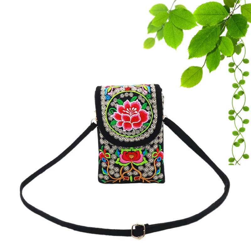 New ethnic style embroidered bag women\'s mobile phone bag clamshell canvas crossbody bag Double mobile phone bag purse