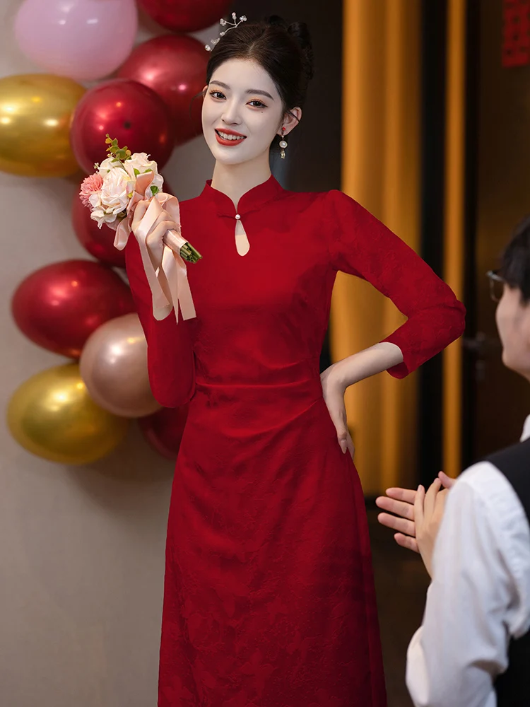 

Red Chinese Sle Engagement Dr New Version Midi Skirt for Wedding Return Home Casual Wear Daily Ocn