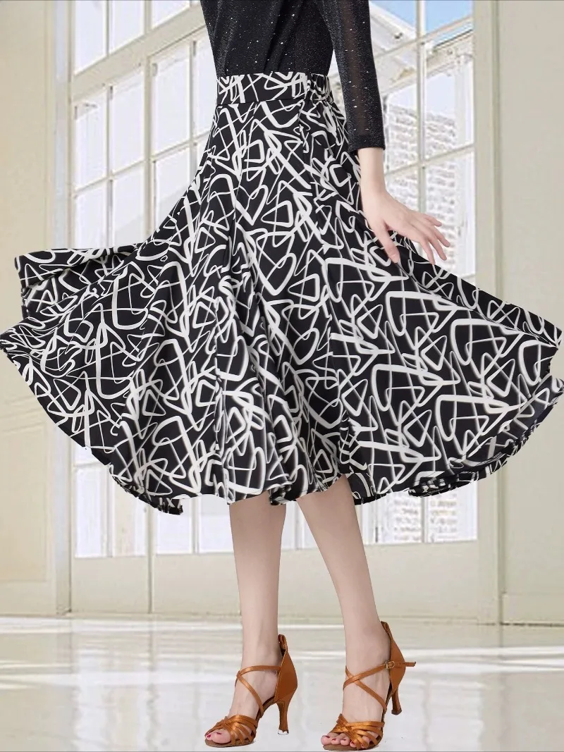 Women Modern Dance Skirt Geometric Print Big Swing Half Skirt Adult Waltz Standard Ballroom Latin Social Dance Costume