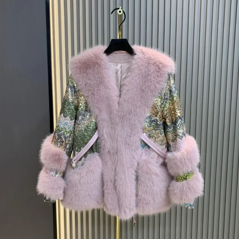 2024 Winter New Simulation Fox Fur Jackets Women's Medium Long Sequined Fur Coat Loose Warm Trendy Feminine Gorgeous Faux Fur