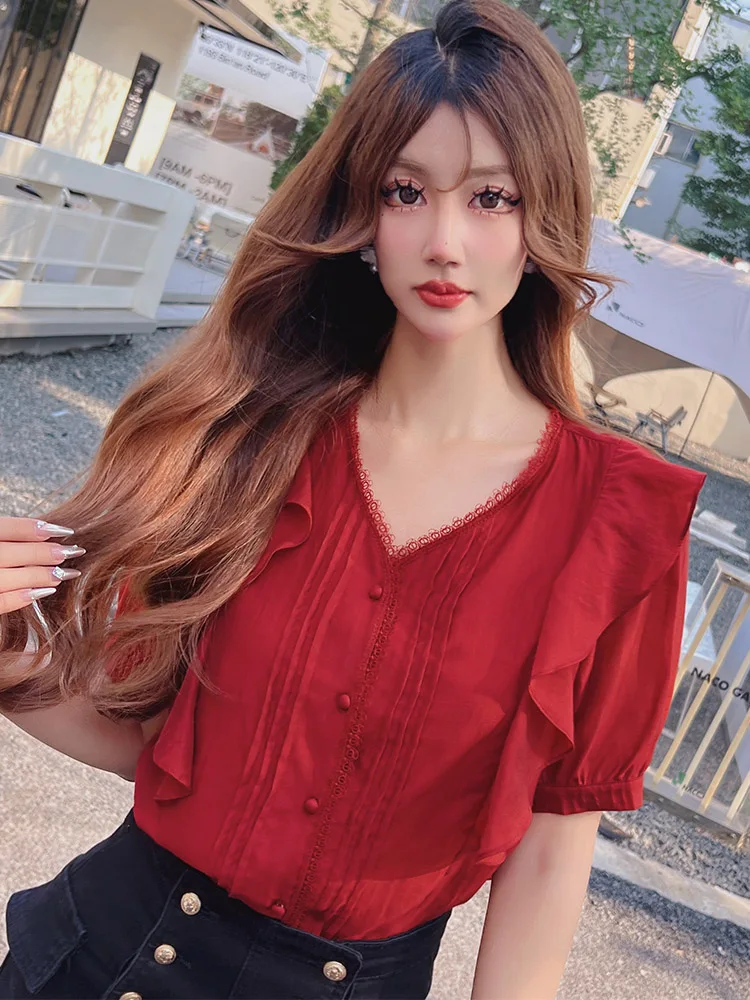 Dabuwawa Ruffles Blouses Women's 2023 Summer New Short Sleeved Shirt Casual Office Lady Top DM1BST058