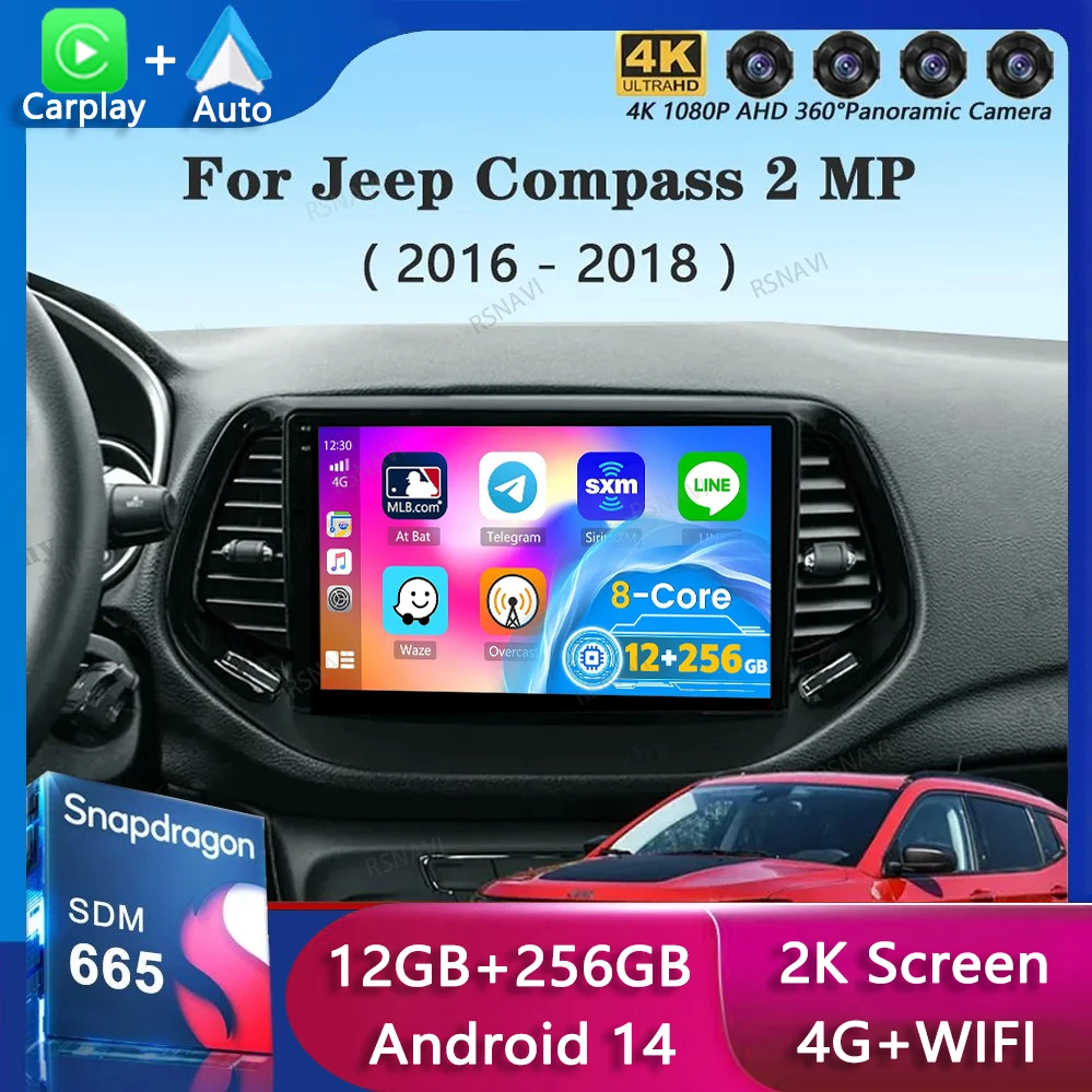 Android 14 Carplay Auto WIFI+4G For Jeep Compass 2017 2018 2019 Car Radio Multimedia Video Player GPS Navigation Stereo 2DIN DSP