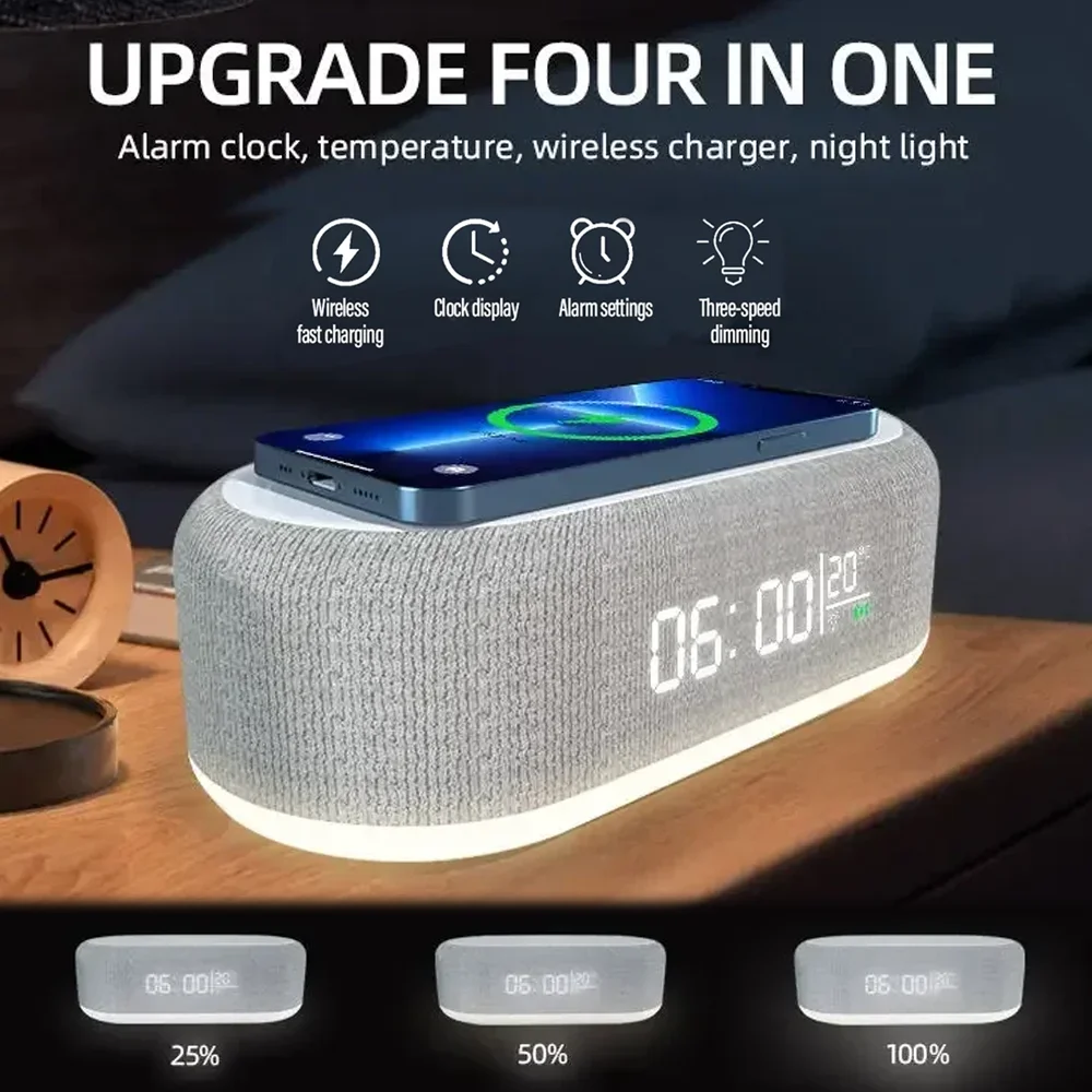 Wireless Charger Alarm Clock Time LED Light Thermometer Earphone Phone Charger 15W Fast Charging Dock Station for iPhone Samsung