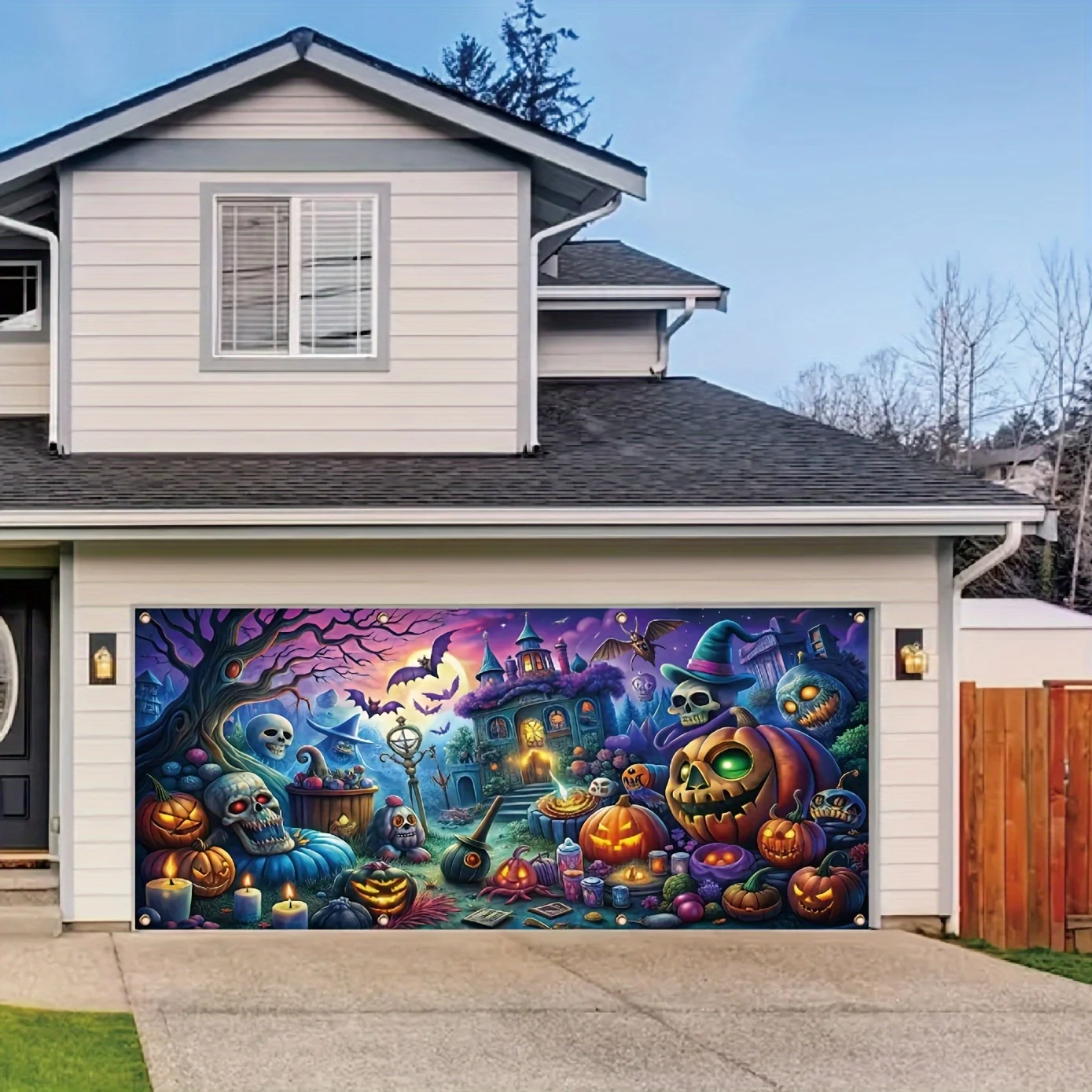 

Баннер гаража-призрака на Хэллоуин, фантазийный дизайн тыквы и черепа, идеальный выбор для праздничных украшений и праздничных принадлежностей.