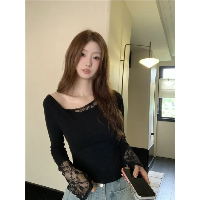 

Ранняя осень, корейский дизайн, кружевная утягивающая длинная футболка-свек, сексуальная девушка, искусственный двухсекционный топ из смеси хлопка