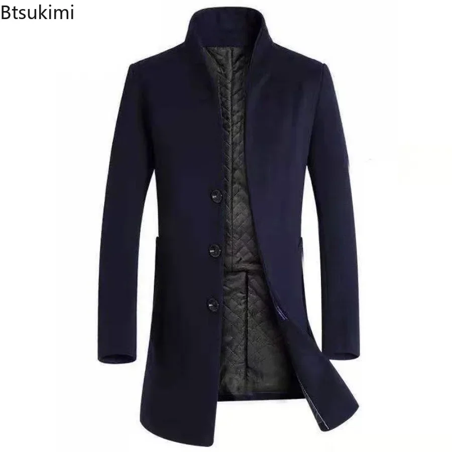 2025Men's Autumn Winter Long Woolen Blazers Thickened Business Trench Coats Men Casual Slim Stand Collar Warm Windbreaker Jacket