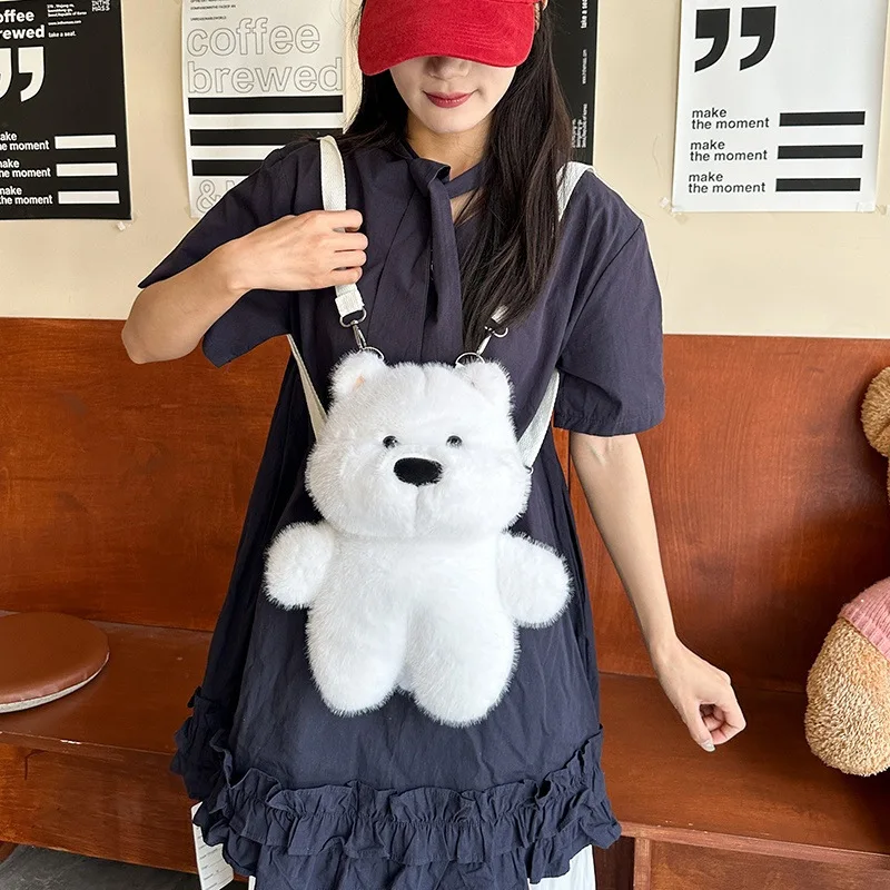 Nouveau dessin animé doux ours blanc en peluche poupée sac à bandoulière léger banlieue polyvalent en peluche chiot en peluche sac à dos