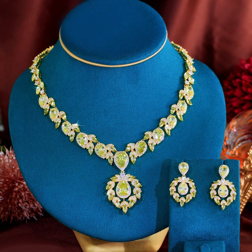 Pera Gorgeous Olive Yellow Zirconia Gold Plated Big Water Drop Necklace Earrings for Women Bridal Wedding Party Jewelry Set J006