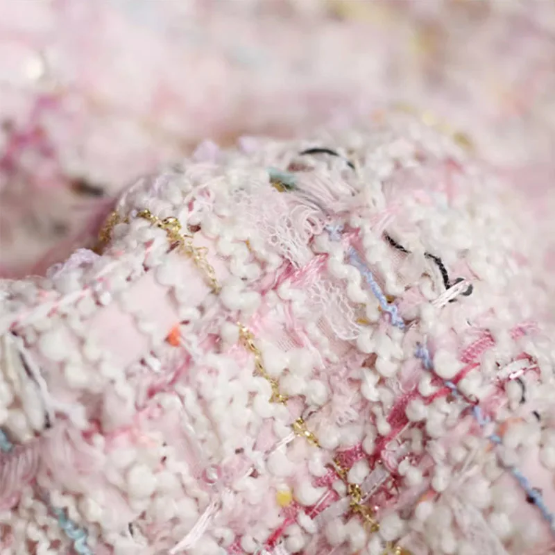 2024 New Pink and White Ribbon Gold Wire Tweed Fabric For Women Autumn Coat Skirt Jacket Yarn-Dyed Handbag DIY Cloth Sewing